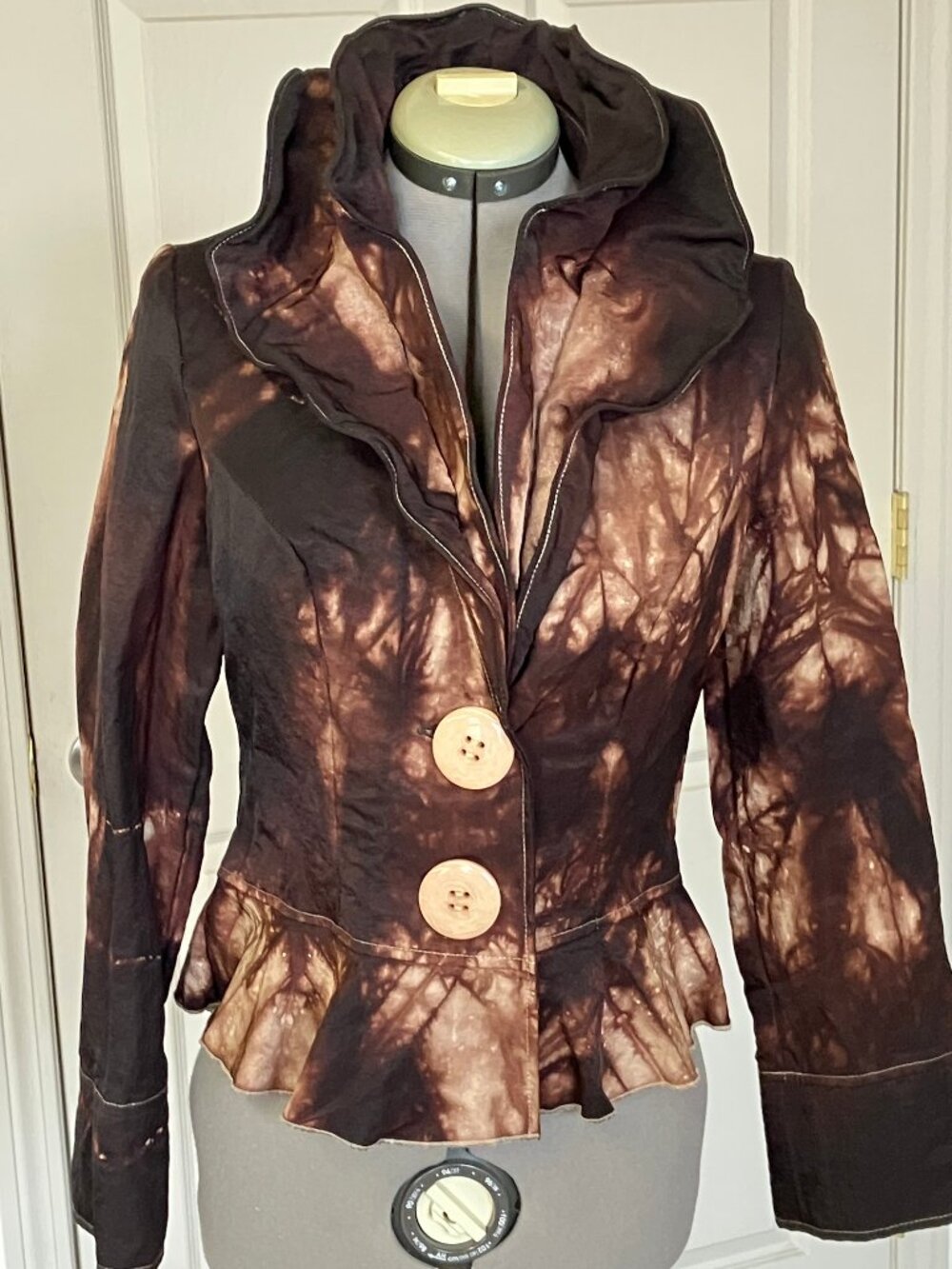 Brown Batik Jacket Cropped Peplum Wired Collar